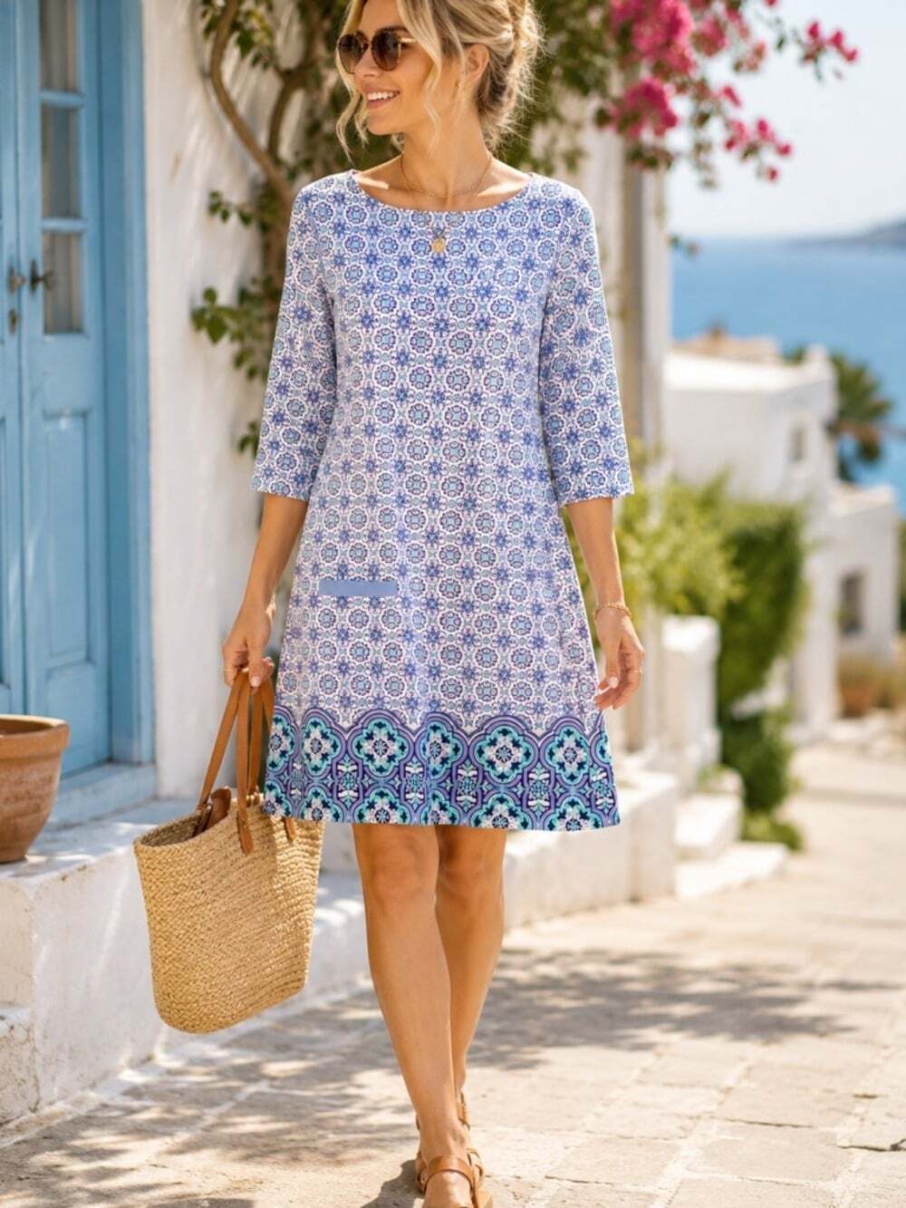 Cabana Life Blue Patterned Cabana Shift UPF 50 Sun Protection Dress Size XS